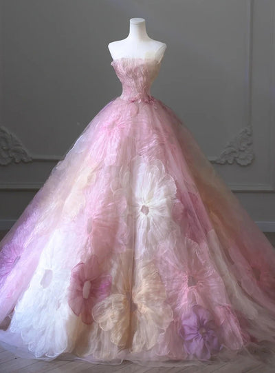 Pink Ball Gown Tulle Strapless Flower Prom Dress