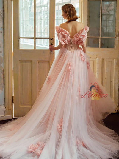 Pink Tulle Off the Shoulder Bow Prom Dress