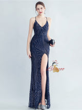 Sequins V-neck Backless Split Prom Dress