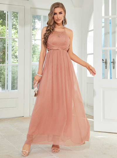 Pink Chiffon Halter Prom Dress