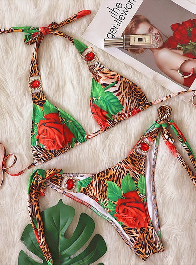 Flower Leopard Crystal Diamond Swimsuit