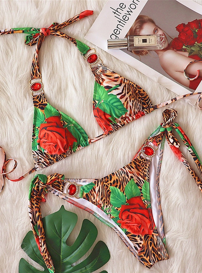 Flower Leopard Crystal Diamond Swimsuit