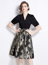 Retro Jacquard V-neck Short-sleeved Dress