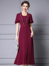 Burgundy Chiffon Pleats Mother of the Bride Dress