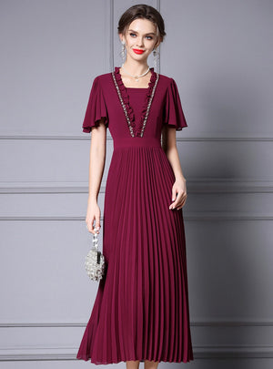 Burgundy Chiffon Pleats Mother of the Bride Dress