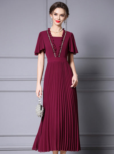 Burgundy Chiffon Pleats Mother of the Bride Dress