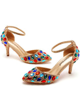 Thin-heeled Colored Rhinestone High-heeled Sandals