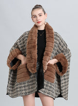 Wool-padded Plaid Fur Collar Knitted Shawl