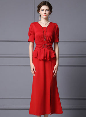 Red Short Sleeve Pleats Beading Split Mother Of The Bride Dress