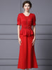 Red Short Sleeve Pleats Beading Split Mother Of The Bride Dress