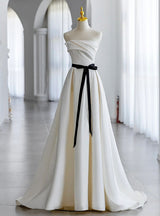 Beige Satin Strapless Pleats Wedding Dress