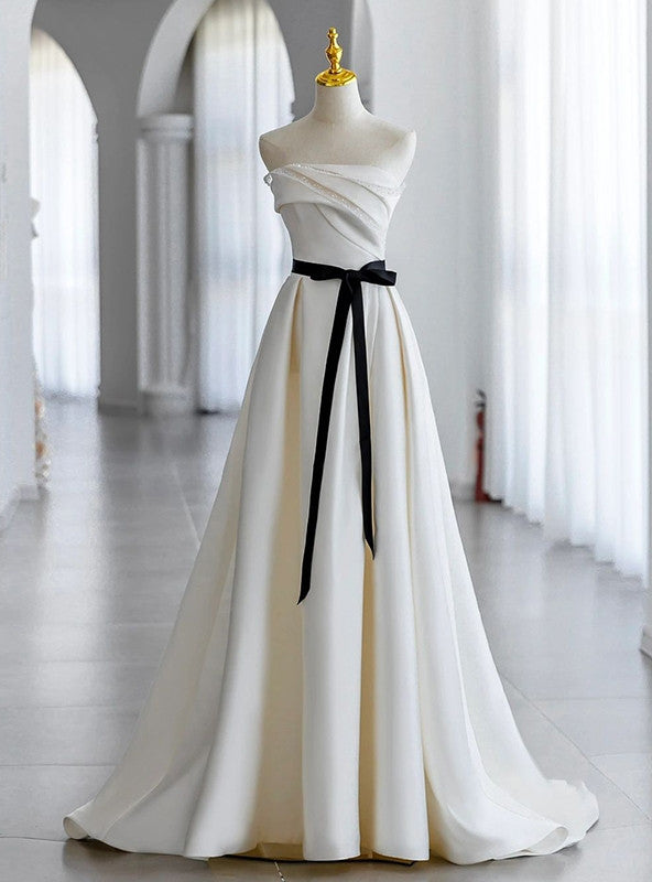 Beige Satin Strapless Pleats Wedding Dress
