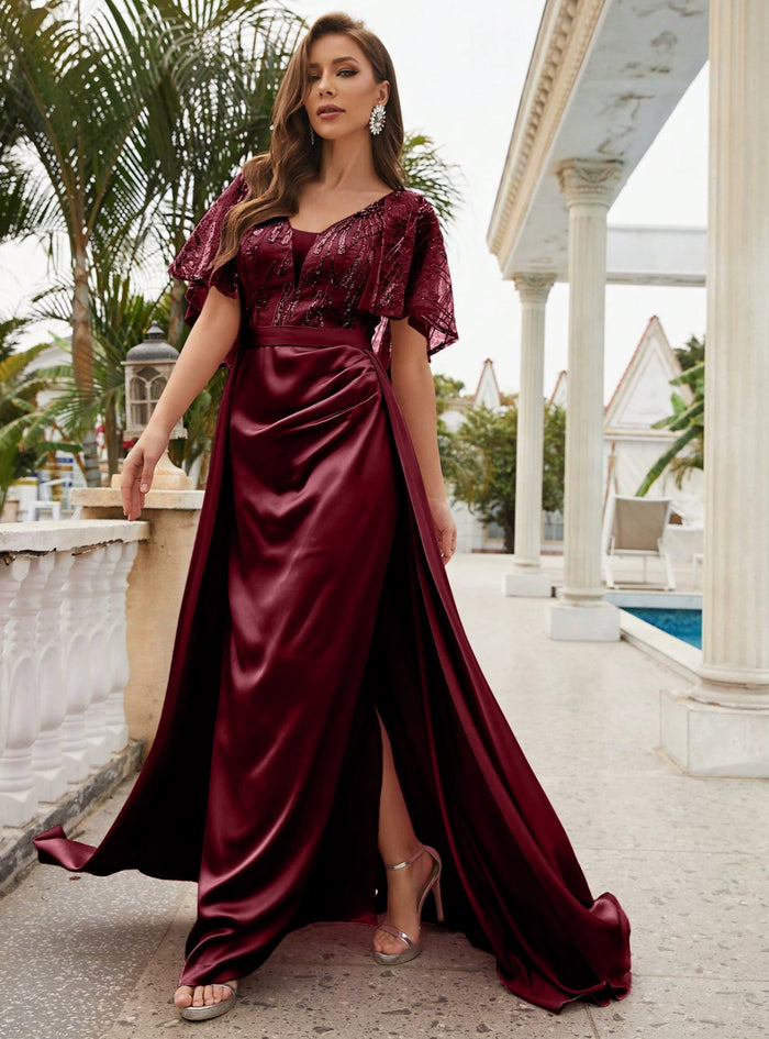 Burgundy Satin Sequins V-neck Prom Dress