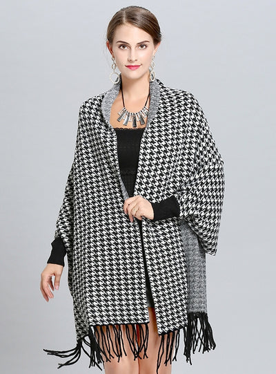 Houndstooth Plaid Knit Fringed Scarf Shawl