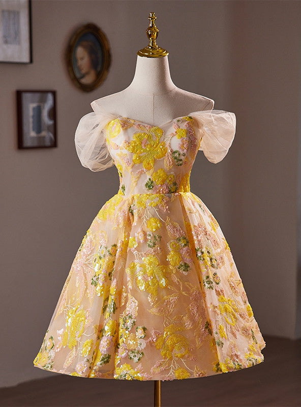 Yellow Tulle Sequins Homecoming Dress