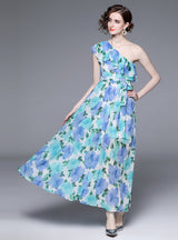 Flounce Sea Side Holiday Printed Chiffon Dress