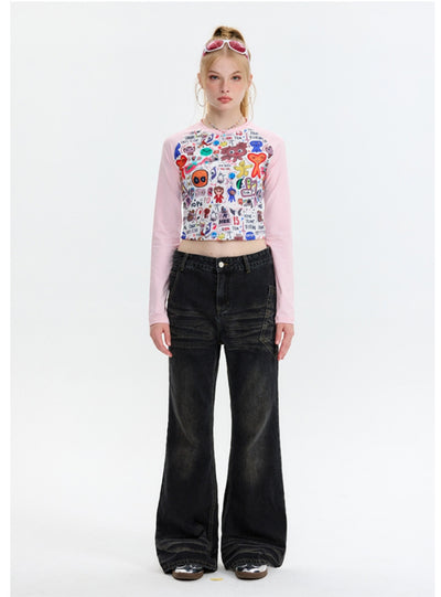 Cartoon Graffiti Printed Long Sleeve T-shirt