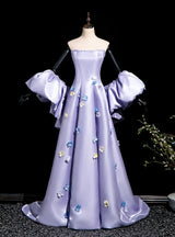 Purple Satin Strapless 3D Flower Prom Dress