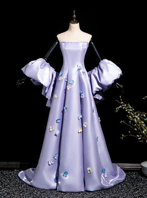 Purple Satin Strapless 3D Flower Prom Dress