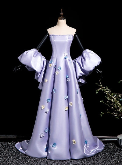 Purple Satin Strapless 3D Flower Prom Dress