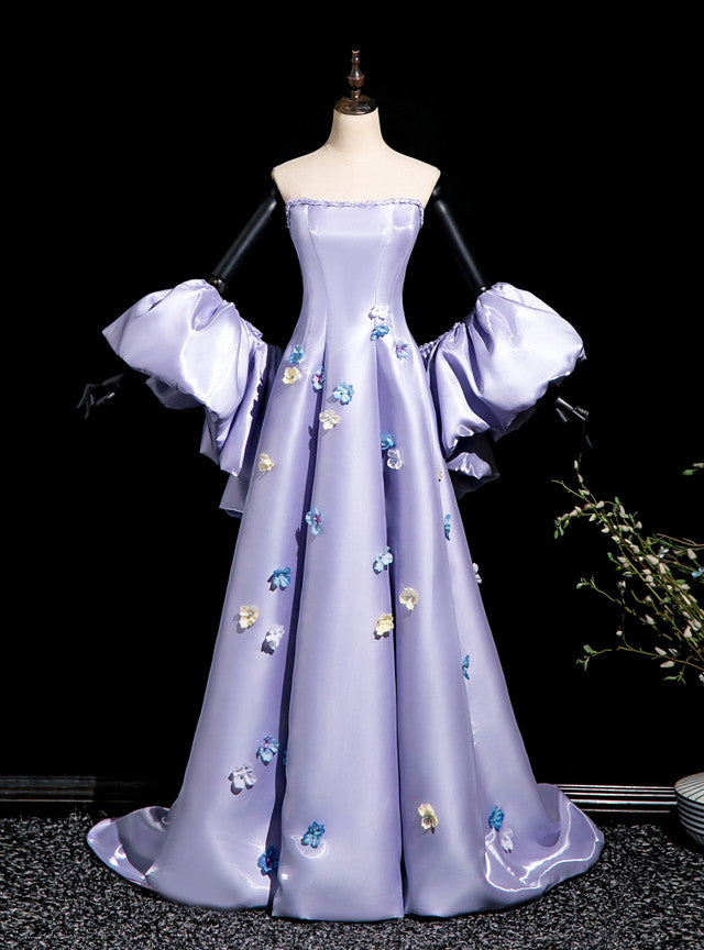 Purple Satin Strapless 3D Flower Prom Dress