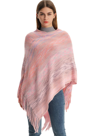 V-neck Pullover Cloak Fringed Knit Shawl