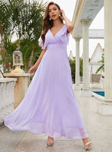 Purple V-neck Short Sleeve Party Dress