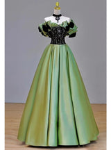 Green Satin Off the Shoulder Lace Prom Dress