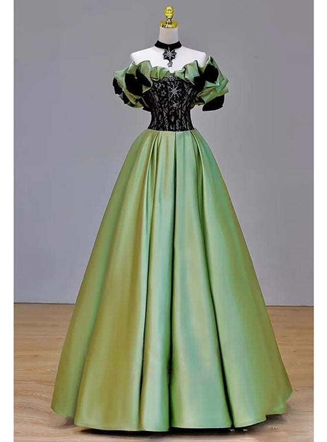 Green Satin Off the Shoulder Lace Prom Dress