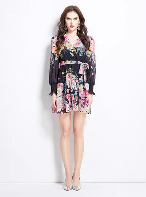 Deep V-neck Printed Ruffled Dress