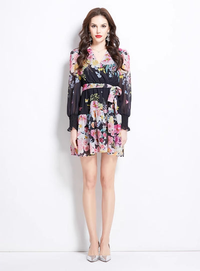 Deep V-neck Printed Ruffled Dress