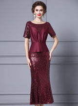 Burgundy Sequins Short Sleeve Mother Of The Bride Dress