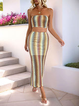 Color Striped Tube Top Skirt Slim Two-piece Suit