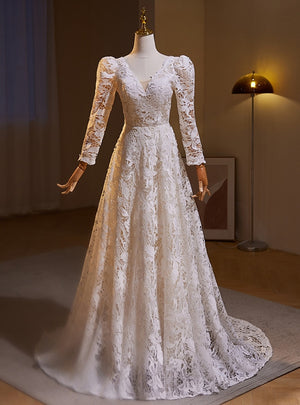 Simple White Lace Long Sleeve V-neck Wedding Dress