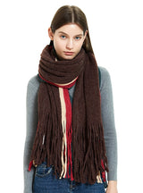Warm Scarf Striped Solid Color Fringed Wool Scarf