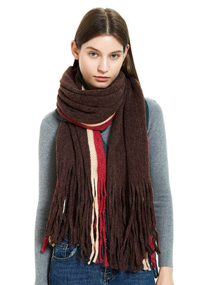 Warm Scarf Striped Solid Color Fringed Wool Scarf