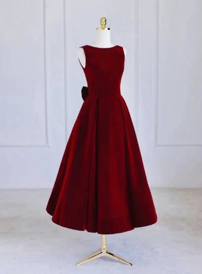 Burgundy Velvet Beading Bow See Through Prom Dress