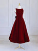 Burgundy Velvet Beading Bow See Through Prom Dress