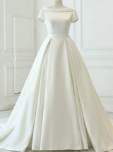 White Ball Gown Satin Backless Wedding Dress