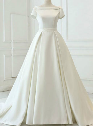 White Ball Gown Satin Backless Wedding Dress