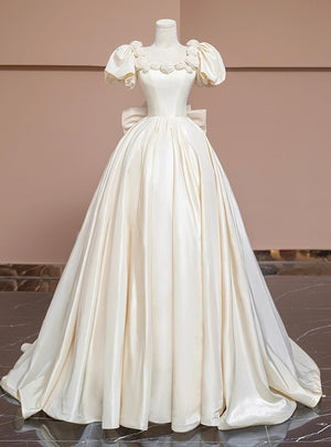 Ivory Satin Puff Sleeve Bow Flower Wedding Dress