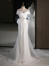 White Mermaid Sequins Appliques Bow Wedding Dress