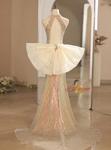 Gold Sequins Beading Backless Prom Dress