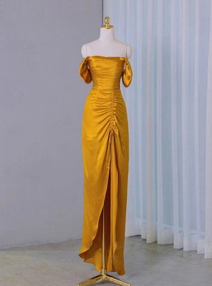 Yellow Satin Strapless Pleats Prom Dress