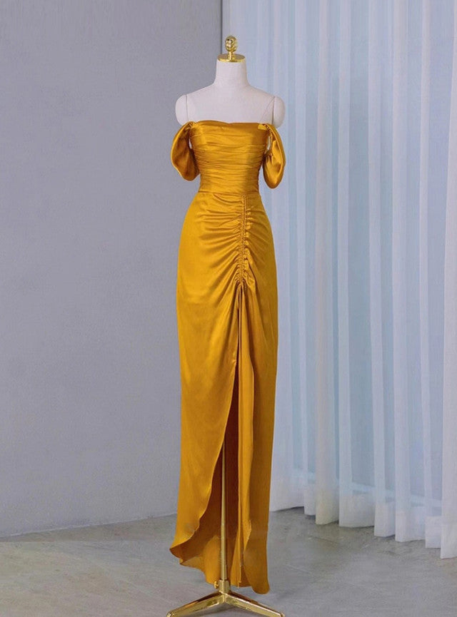 Yellow Satin Strapless Pleats Prom Dress