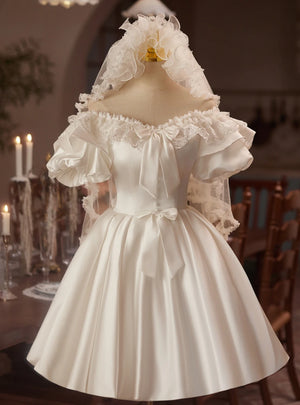 White Satin Puff Sleeve Lace Homecoming Dress