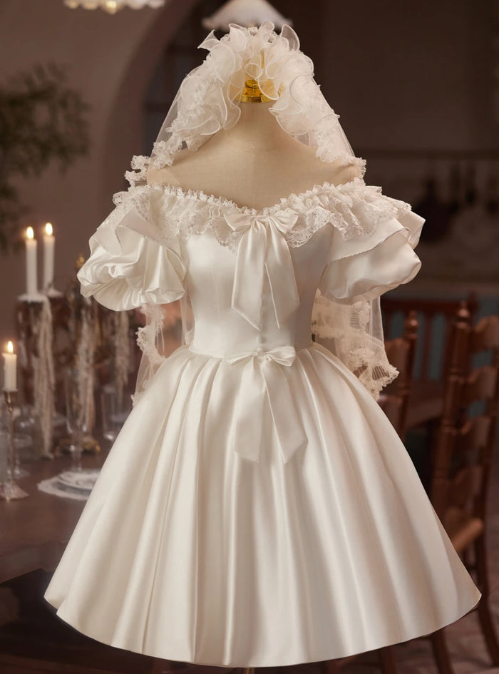 White Satin Puff Sleeve Lace Homecoming Dress
