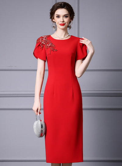 Red Short Sleeve Crystal Mother Of The Bride Dress