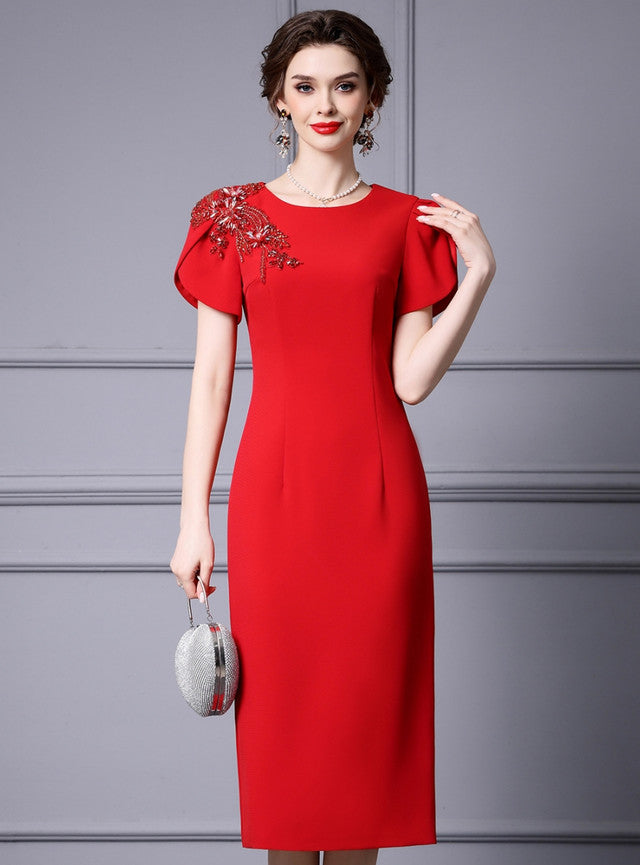 Red Short Sleeve Crystal Mother Of The Bride Dress