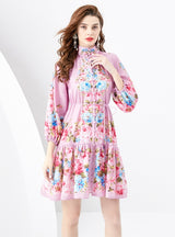 Retro Painted Lantern Sleeve Wavy Printed Dress